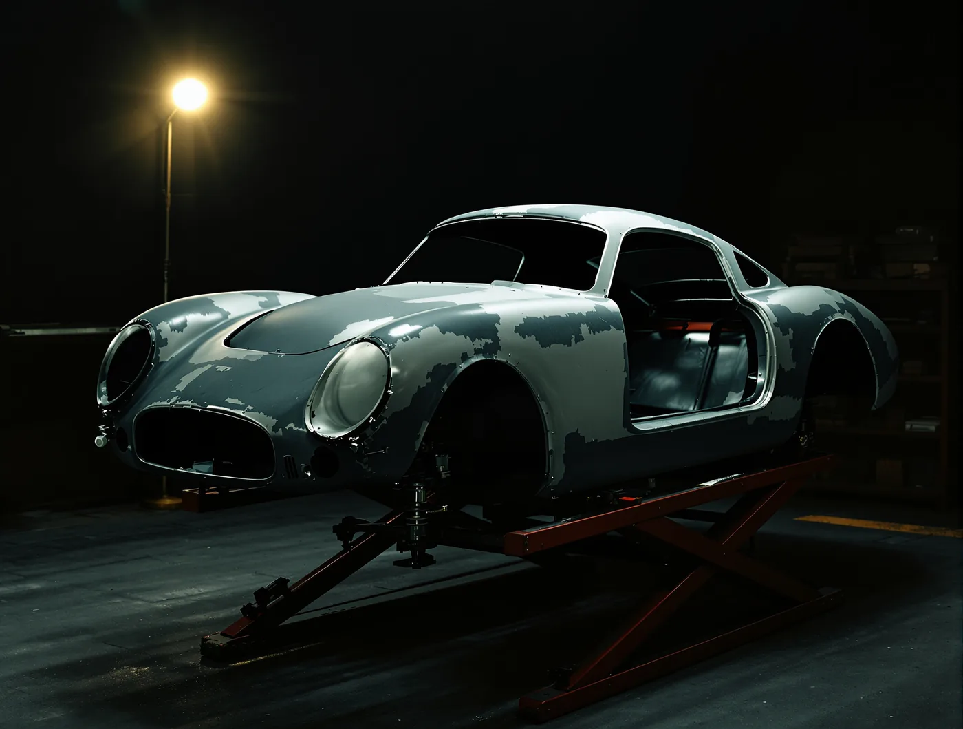 Karosserie eines klassischen Porsche auf dem Drehgestell in der Werkstatt